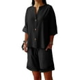 thumbnail image 3 of Jinhomg Two Piece Short Set for Women Cotton Linen Short Sleeve Sweatsuit Sets Buttons Down V Neck Lounge Tracksuits Black,XL, 3 of 7