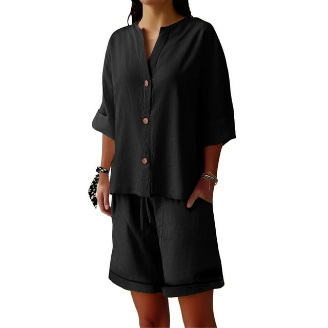 Tumotour 2 Piece Outfits Set For Women Summer Casual Wear Matching Two Piece Shirts And Drawstring Shorts Spring Outfit 2025
