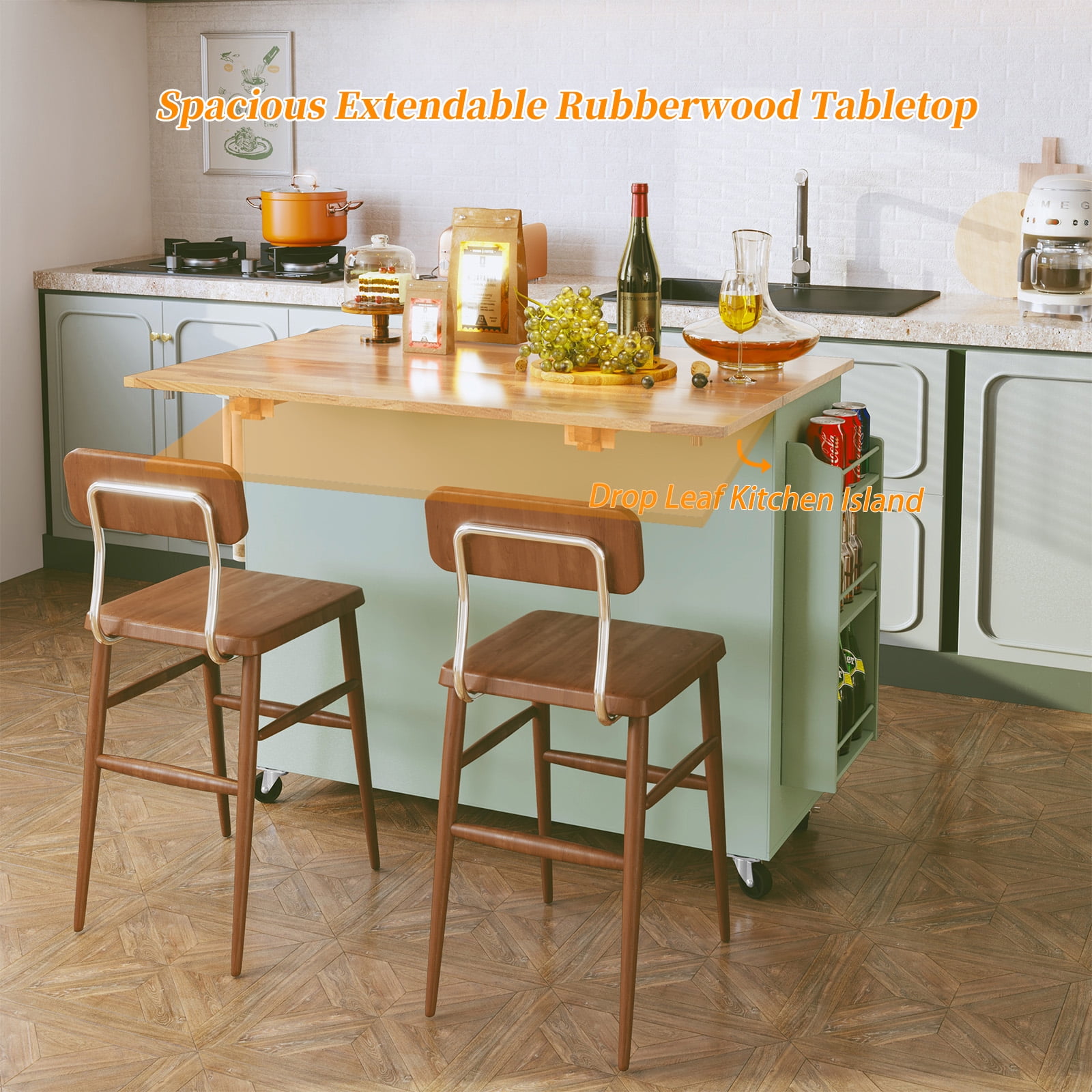 CBJCBJ 50.4" Kitchen Island with Storage, Wood Top Cart with Drop Leaf and Wheels, Green