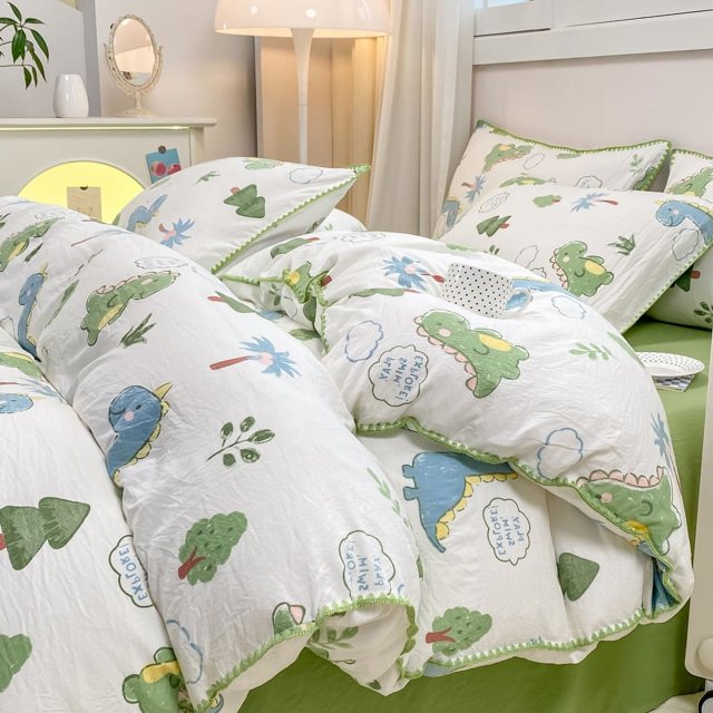 INS Girls Cherry Bedding Set Soft Washed Cotton Bed Sheet Queen King Size Simple Quilt Cover Pillowcase Bed Linens