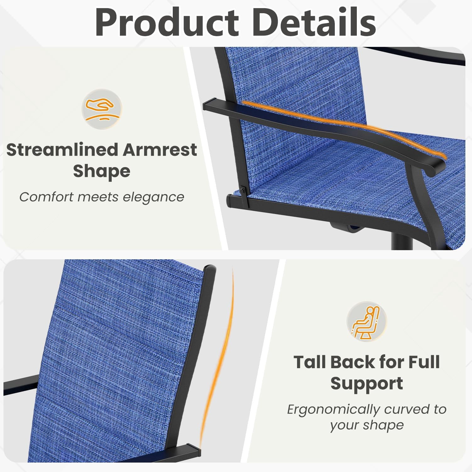 Erinnyees Patio Swing Dining Chairs Set of 2, Stackable Outdoor Swing Chairs, All Weather Breathable Textile, Heavy Duty Metal Frame Porch Chairs for Backyard, Lawn (Only Chairs, Blue, Set of 2)