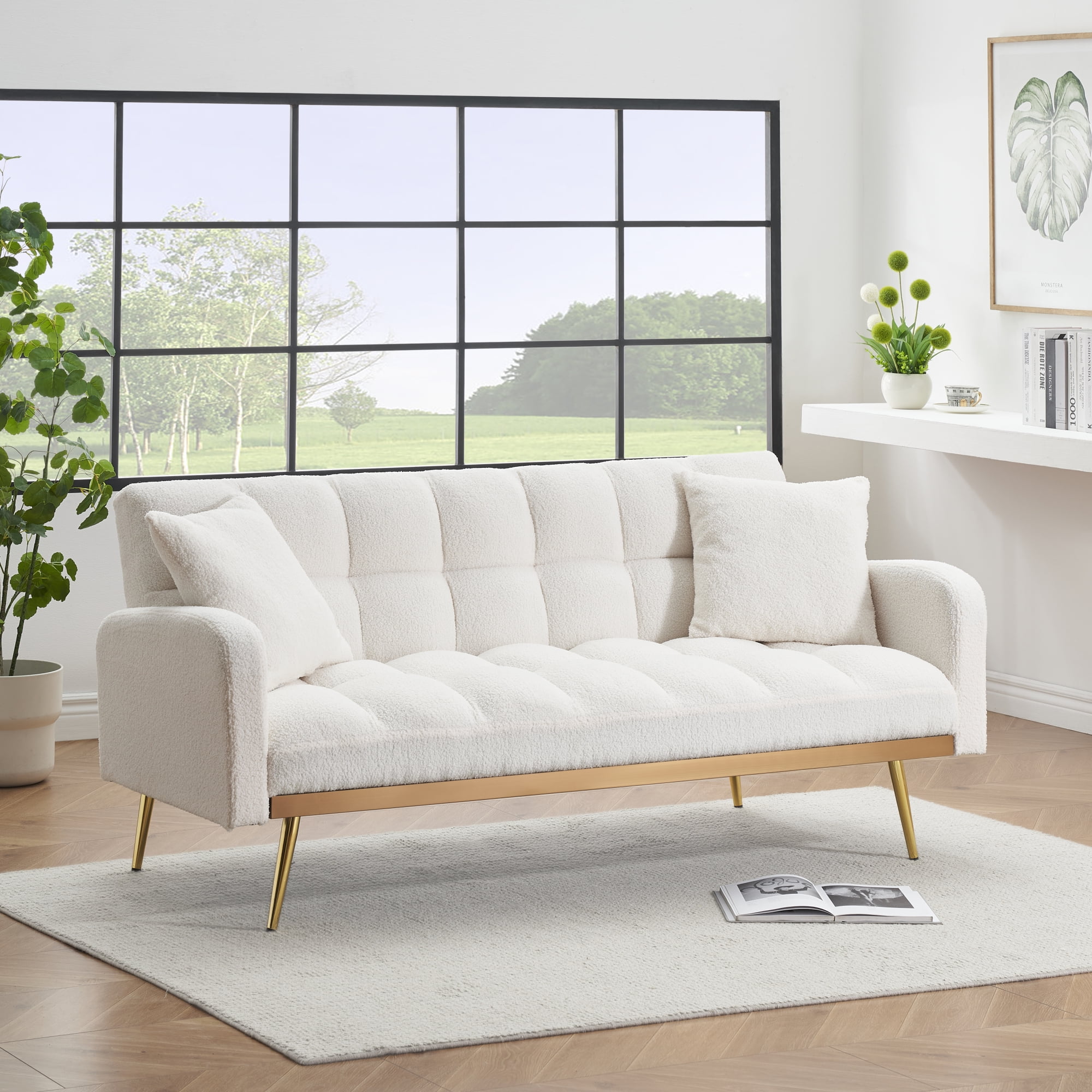 Convertible Futon Sofa Bed,69 Inch Modern Teddy Loveseat Sofa Couch with Adjustable Backrest for Small Space,Living Room,Beige