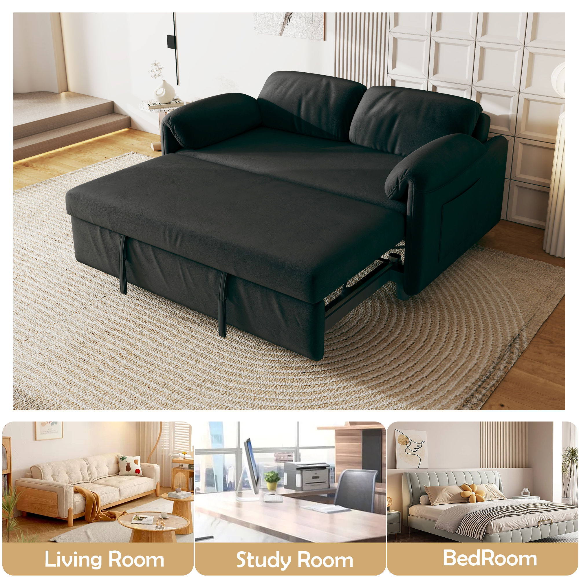 54" Velvet Futon Sofa Bed Convertible Sleeper Sofa Bed Pull Out Sofa Bed With Adjustable Backrest for Living Room,Office,Black