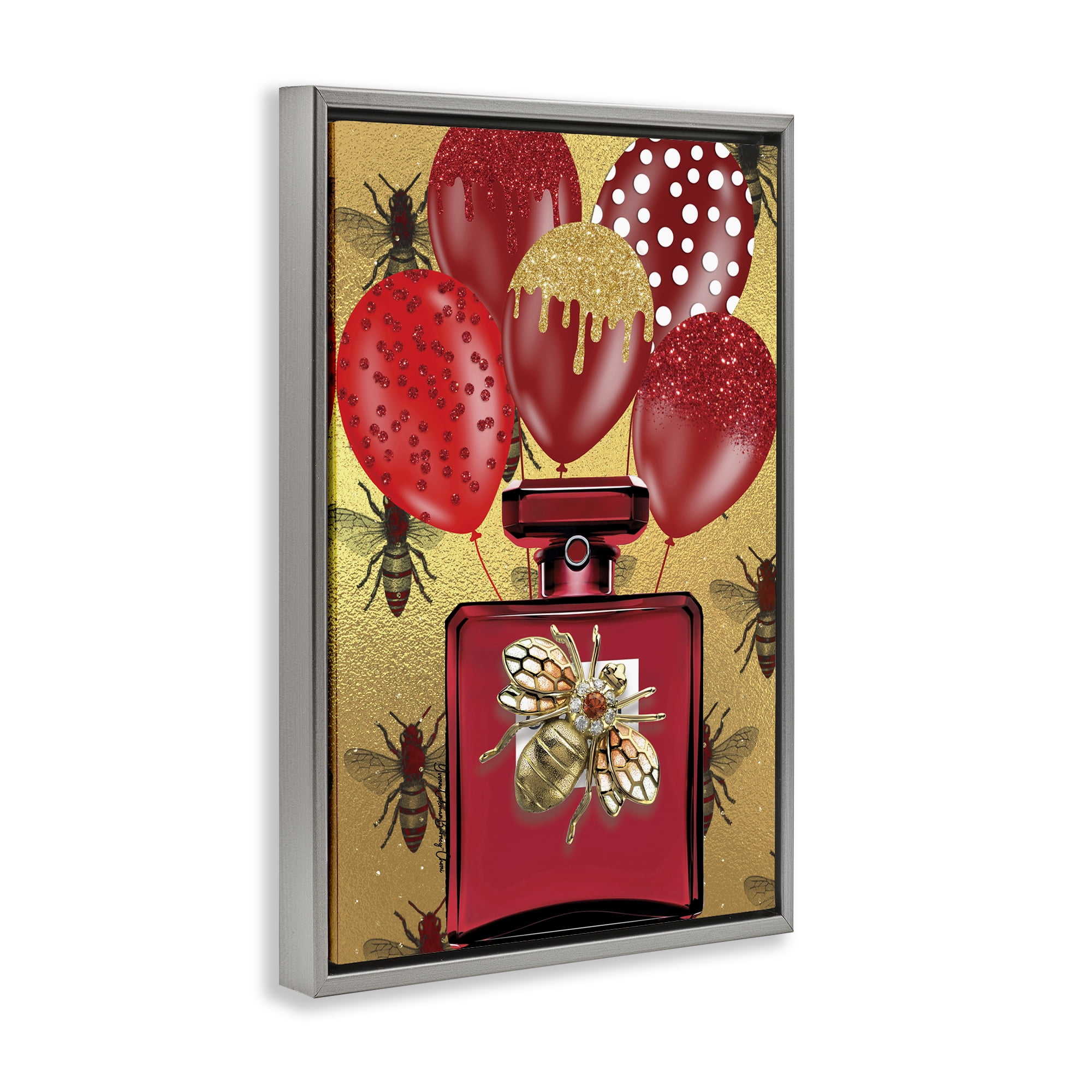 Stupell Industries Glam Red Bee Perfume Fashion Painting Gray Floater Framed Canvas Art Print Wall Art, 17 x 25