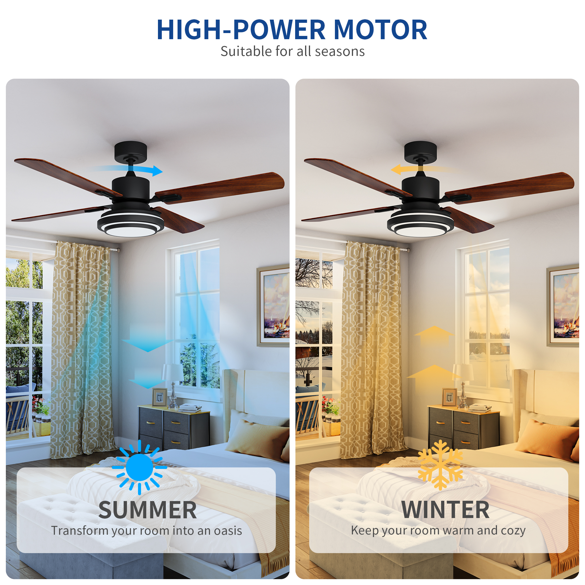 Uforic 52'' Ceiling Fan with Light and Remote Control, 6 Speeds, 5 Timer Settings, and Dual-Finish Blades (Black)