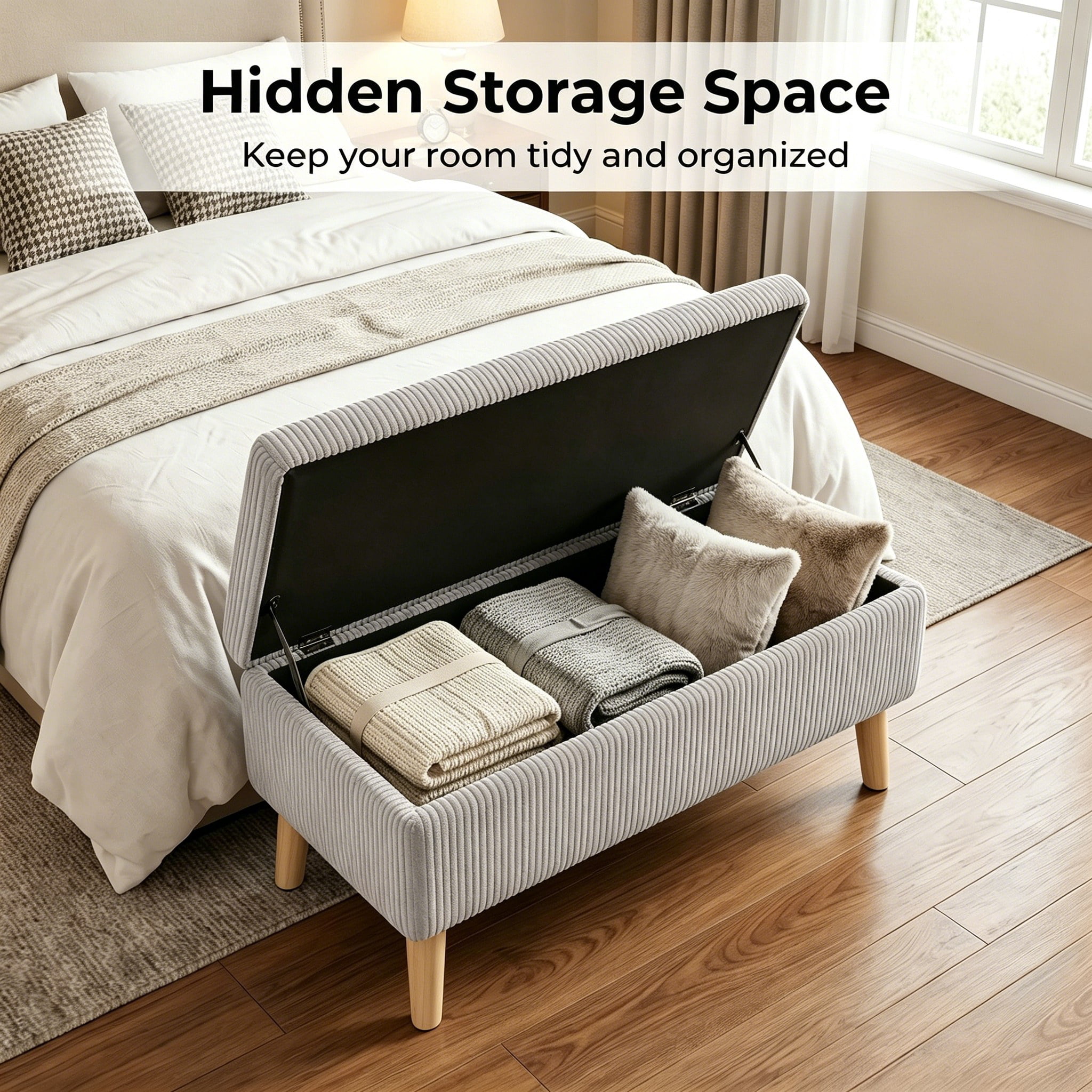 32 inch Wide Olive Beige Corduroy Storage Ottoman Bench with Wooden Legs, Flip-Top Storage Box, Soft Upholstered End of Bed Bench, Footrest & Shoe Bench for Bedroom, Living Room, Entryway