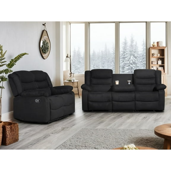 Manual Reclining 5-Seat Sofa Set, Modern 2-Piece Microfiber Living Room Furniture with Loveseat and Sofa,Drop Table & Cup Holders