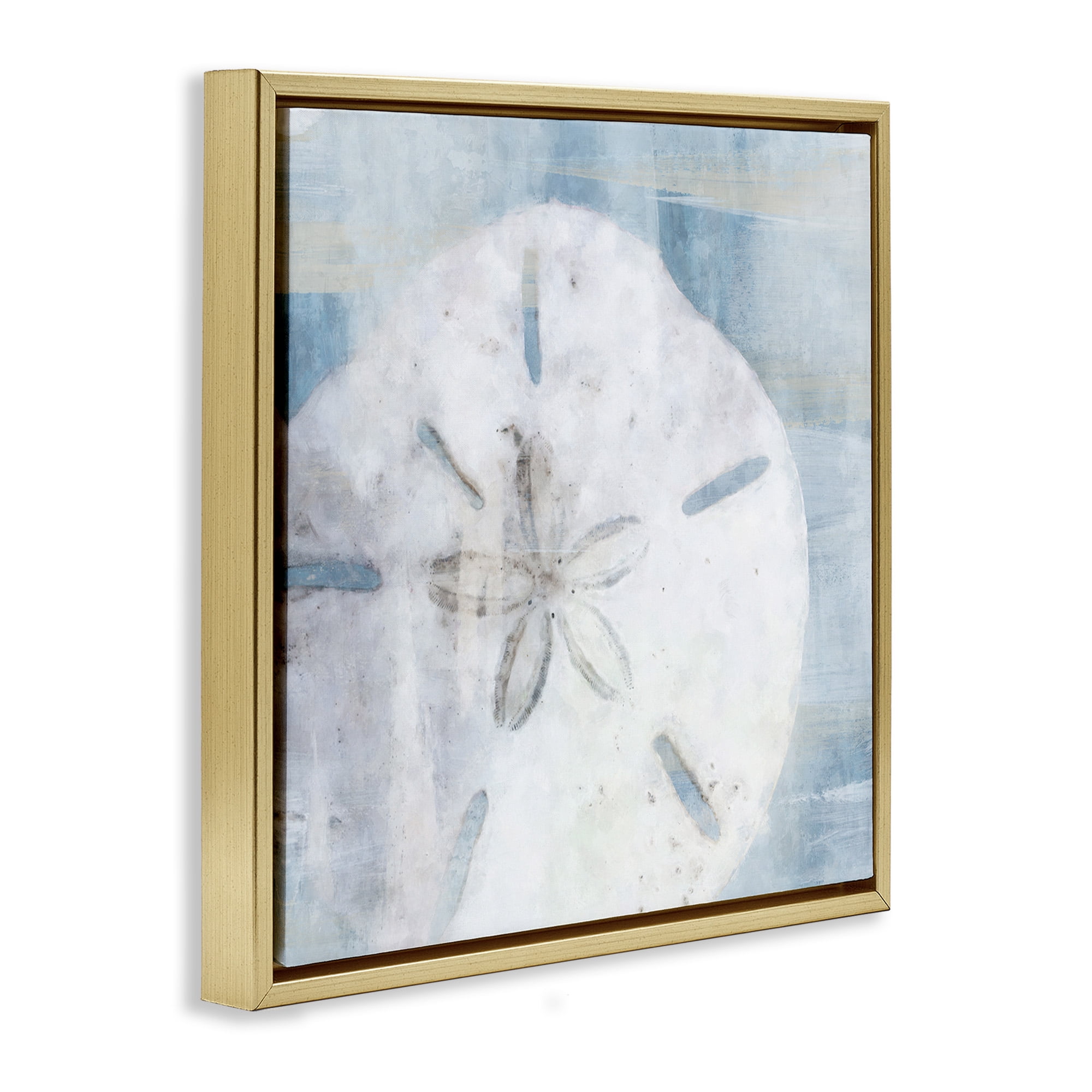 Stupell Industries Pastel Blue Sand Dollar Seashell Nature Painting Gold Floater Framed Canvas Art Print Wall Art, 18 x 18