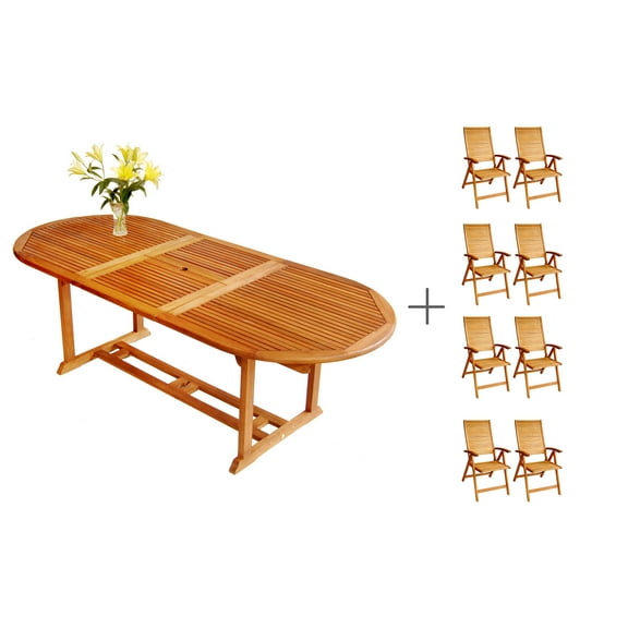 ALK Brands - Patio Outdoor Hardwood Logan 9-Piece Extension / Expandable Dining Set (Natural Wood Finish)