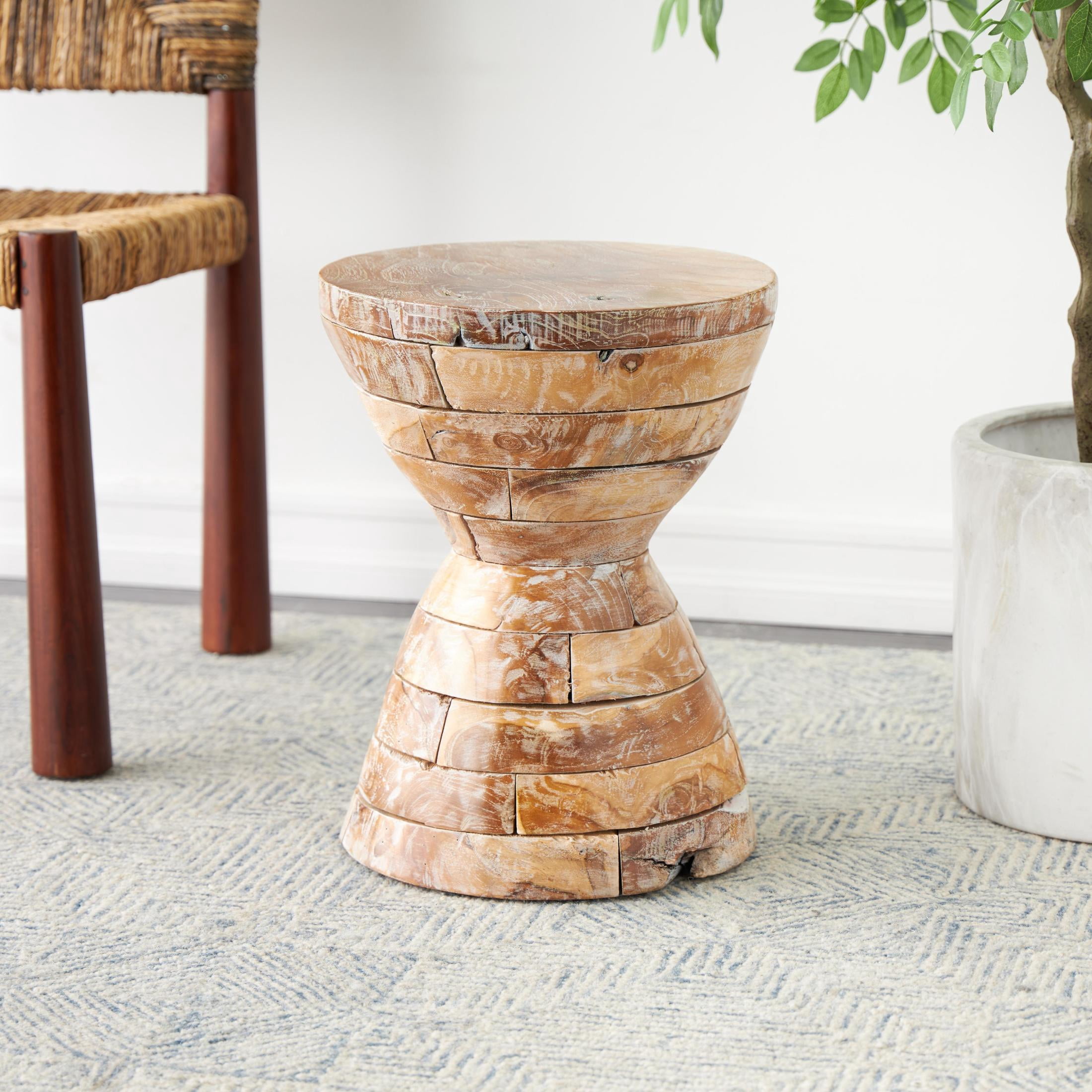 DecMode 14" x 19" Brown Teak Wood Handmade Hourglass Geometric Accent Table with Stacked Wood Pieces, 1-Piece