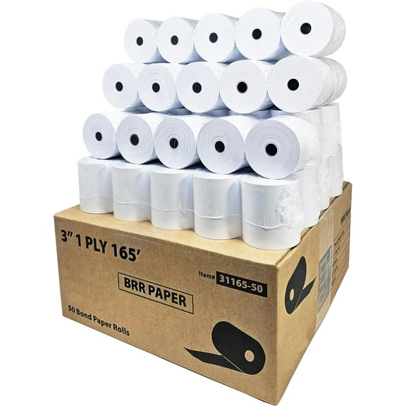 3 Inch 1-Ply x 165' Paper [50 Rolls - 1 Case] - Bond Kitchen Printer Paper (55GSM) SP700 / ERC 30/34/38 Ribbon Required -BuyRegisterRolls