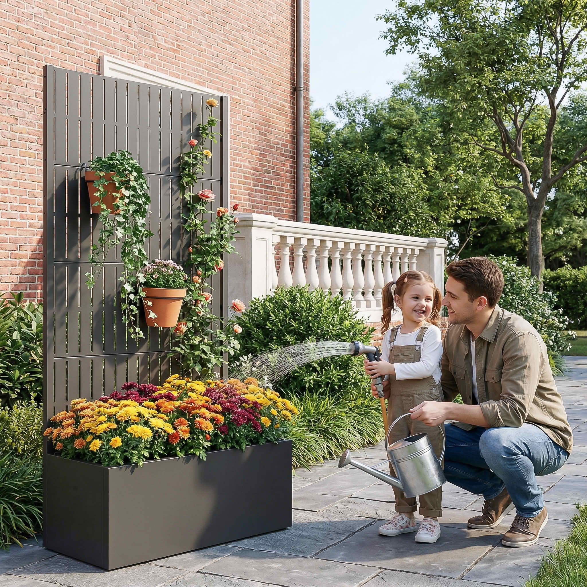 MAYEERTY 59X30" Metal Outdoor Black Privacy Screen with Planter Box for Backyard & Garden, 4 Piece Set