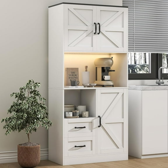 HAUXITIO Kitchen Pantry Storage Cabinet with LED Lights and Power Strip, 68" Food Hutch with Countertop, White