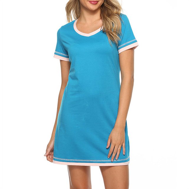 Nouveau Col Rond Couleur Contraste Coutures Lâches Manches Courtes Robe de Maison Porter Mini-Robe Correspondant Robe de Nuit