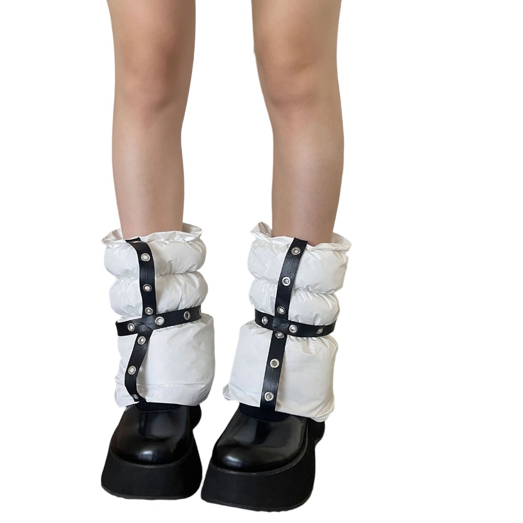 Winter Fashion Women Padded Puffer Leg Warmer Eyelets PU Strap Foot Covers Split Boot Cuffs Socks Sleeves Calf Gaiters