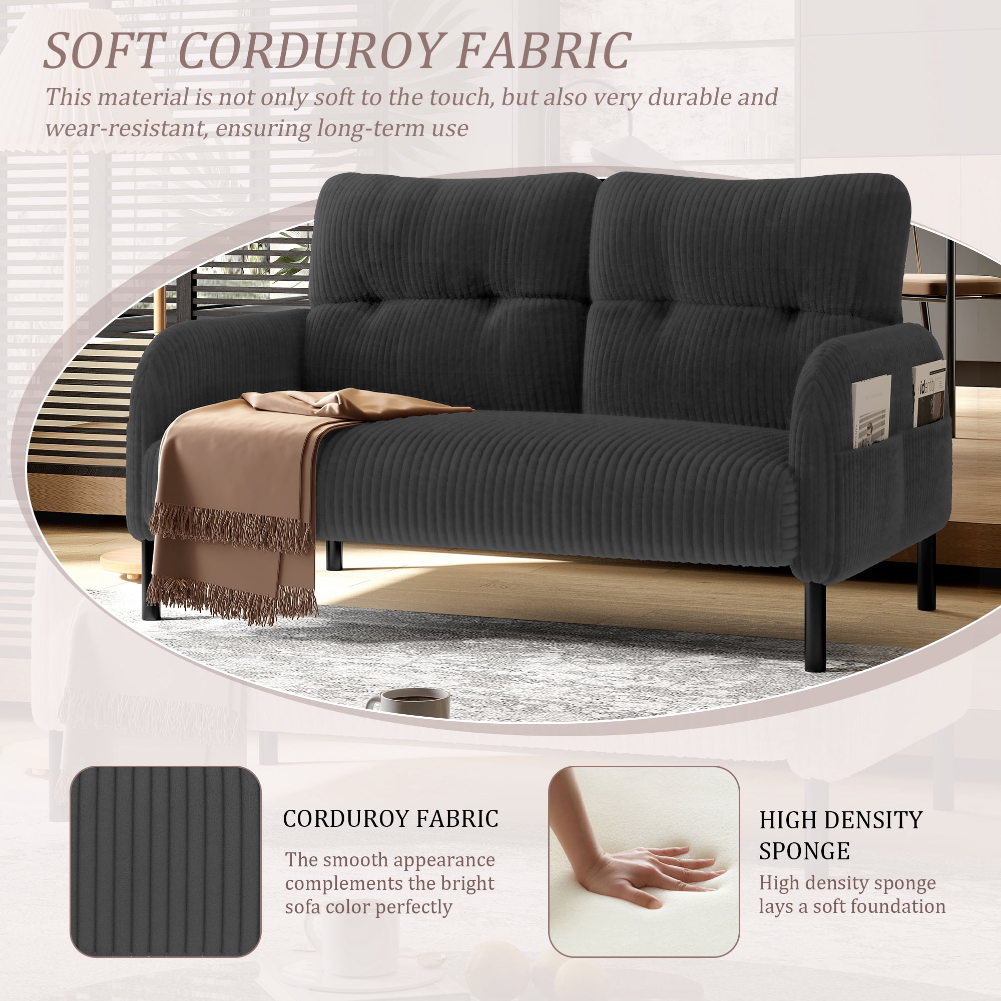 MOONMISS Corduroy Upholstered Tufted Comfortable Wood Frame Loveseats Sofa with Double Side Pocket-Gray