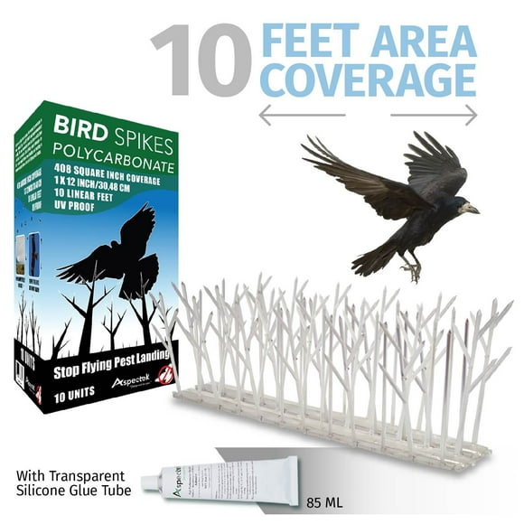 Aspectek Plastic Bird Spikes Kit, Pigeon Control Guide, 10 feet coverage, with Adhesive Glue