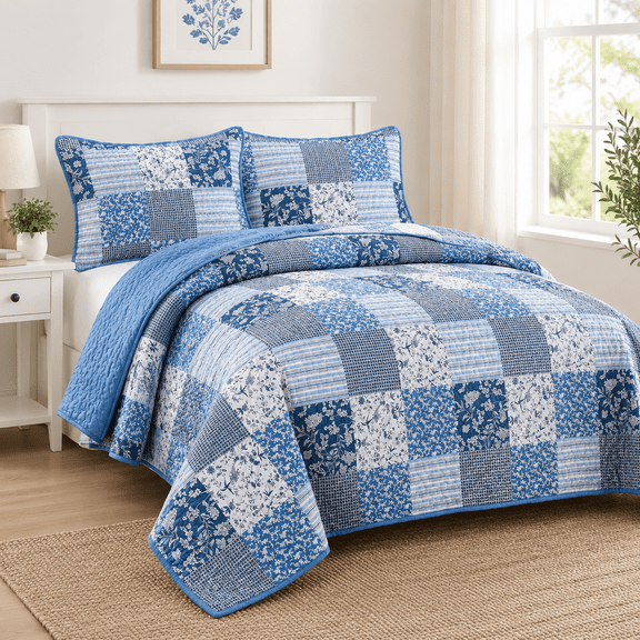 Blue Quilt Set Size Dorm Bedding Patchwork