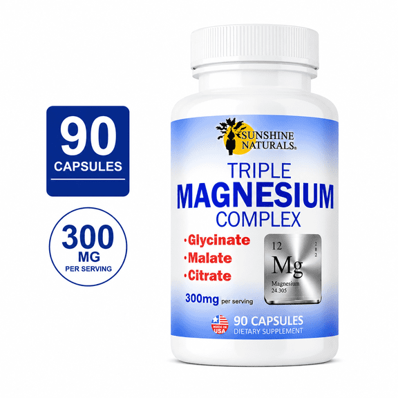Sunshine Naturals Triple Magnesium Complex Dietary Supplement, Magnesium Glycinate, Malate & Citrate, High Absorption Magnesium for Muscle, Nerve & Energy Support, 90 Capsules
