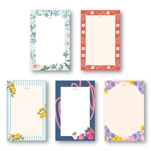 5 PACK SMALL NOTEPADS-Floral Memo Pad, To Do List Notepad, 70 Sheets, 4.25x6.5, Small Note pads, Writing Pad For Work, Fruits Flower Notepad, Stationery Gift for Her, Office List Pad, Cute Writing Pa