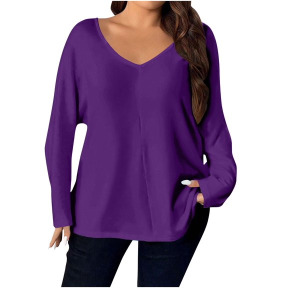 Fesfesfes Women's Fall Tops Casual Solid Color V-neck Loose Drop-Shoulder Cuffs T-shirt Stretchy Material for Daily Leisure Home Wearing(Purple,4XL)