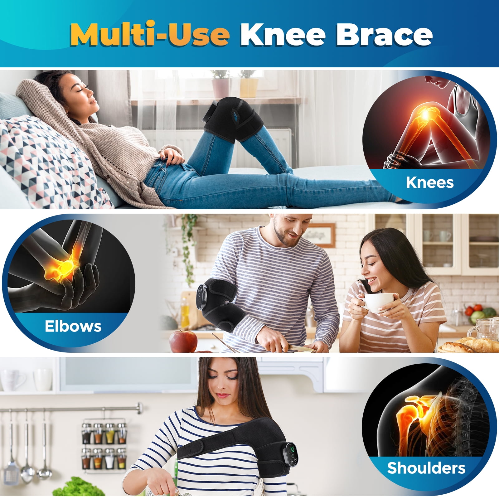Knee Massager with Heat & Vibration – Heated Knee Brace Cordless, Knee Heating Pad Wrap with 6 Heat + 3 Vibration Modes, Rechargeable Adjustable Strap for Knee Shoulder Elbow, Auto Shut Off 2PCS