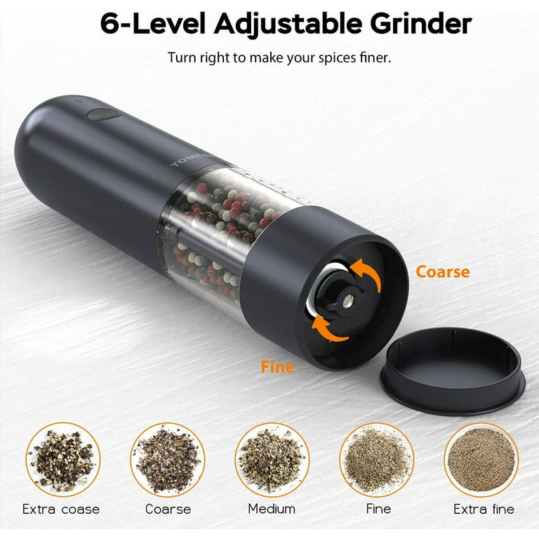 Tomeem Electric Black Salt & Pepper Grinder Set with 6-Level Adjustable Coarseness & USB Rechargeable Upgraded Larger Capacity 46G, White