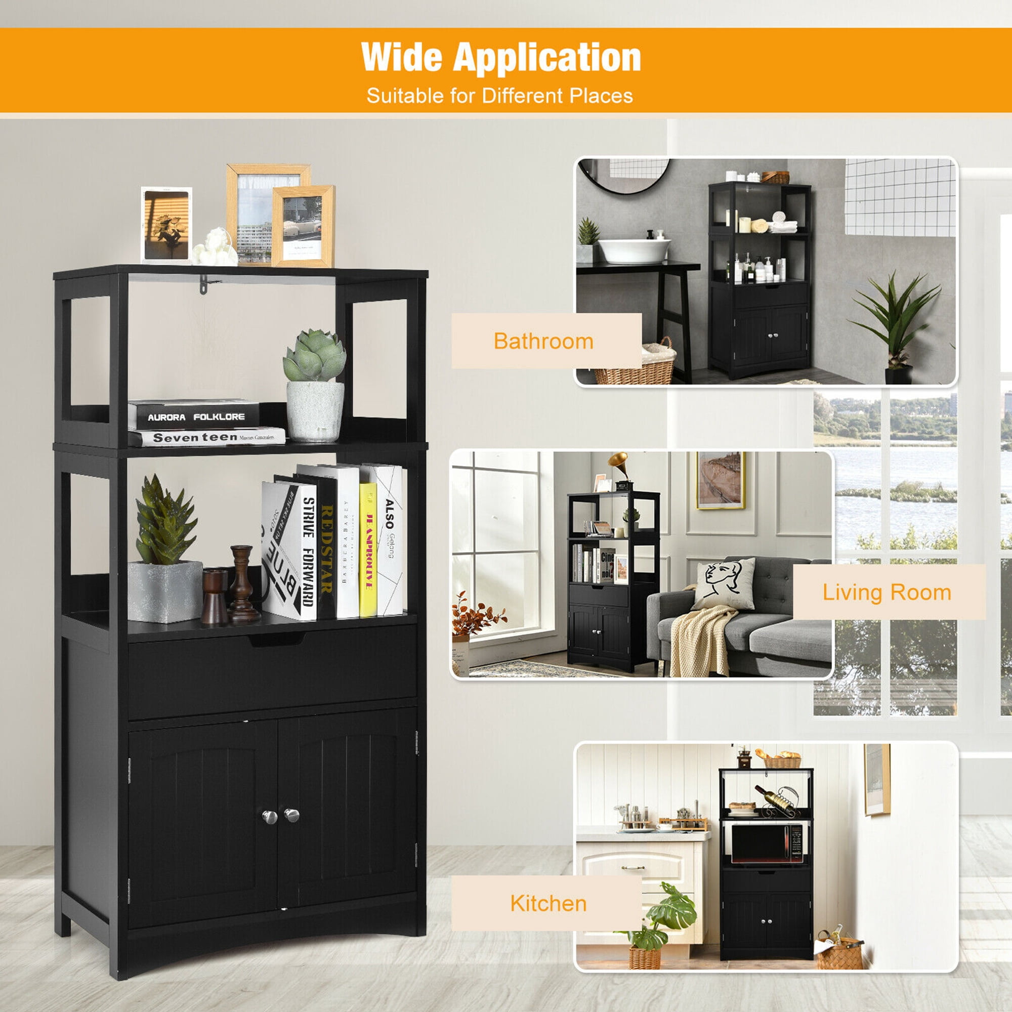 Gymax Bathroom Storage Cabinet Shelf Cupboard Floor Cabinet w/Drawer Black