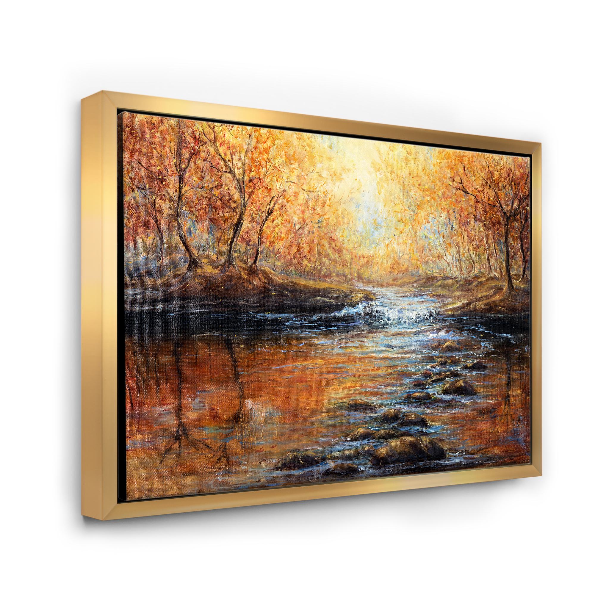 Designart 'Sunrise Glow In The Autumn Forest' Lake House Framed Canvas Wall Art Print
