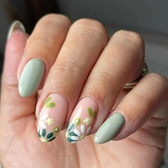 Medium Press on Nails Green Fake Nails Almond Shape Acrylic Nails Round Head False Nails with Daisy Design Full Cover Glossy Stick on Nails Small Flowers Cute Artificial Nails Spring Summer Fake Nails