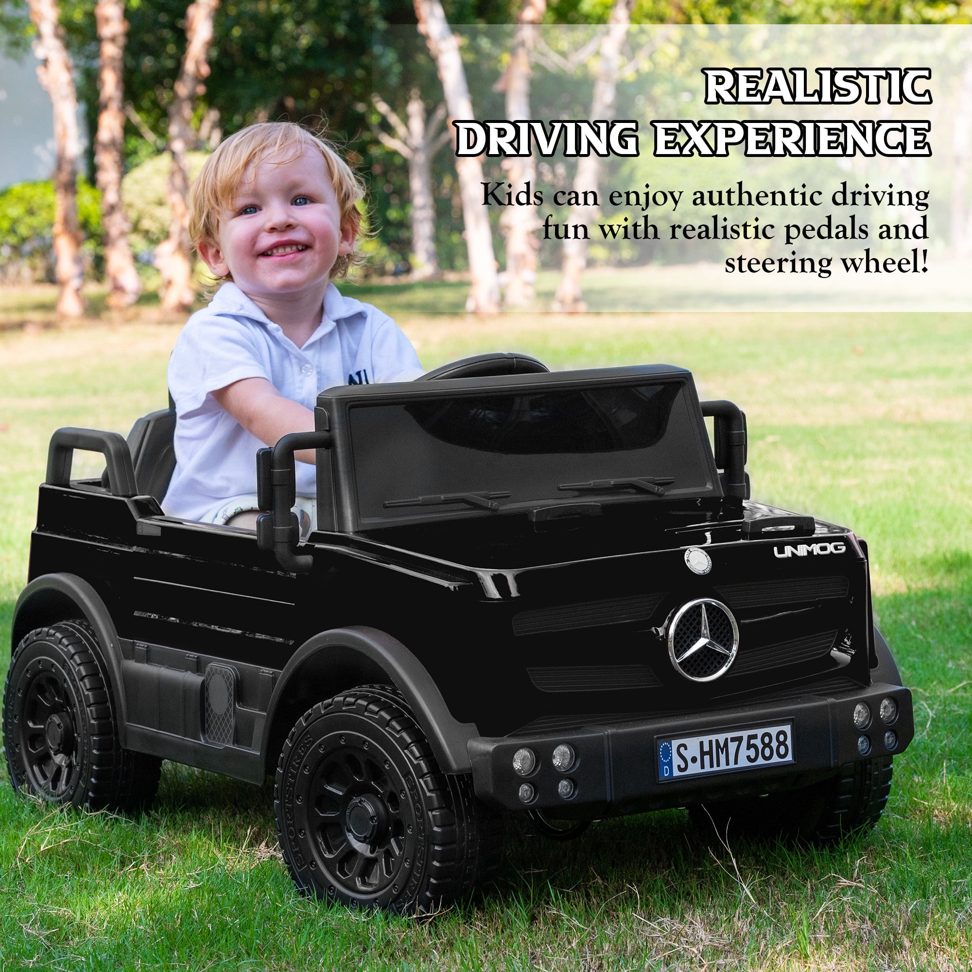Letsgokid 12V Ride on Car with Parent Remote Control, Licensed Mercedes-Benz UNIMOG Car for Kids, LED Lights, Music & Horn, Soft Start, Low Battery Prompt, Kids Electric Vehicle for Boys Girls