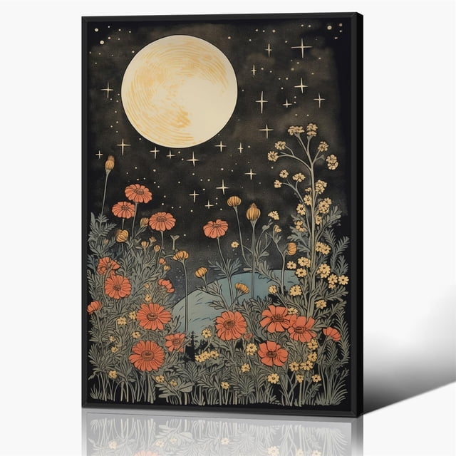 Lienzo para pared con estampado vintage de flores lunares, 40 x 60 cm, enmarcado
