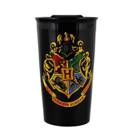 Harry Potter Travel Coffee & Tea Mug – Ceramic Black with Colorful Hogwarts Motto, 13.5oz - A Novelty Gift for Slytherin & Griffindor