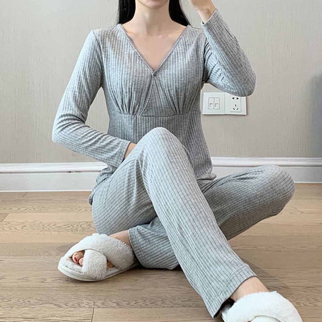 TIMIFIS Hauts de Maternité Femmes Enceintes Allaitement Couleur Col Rond Manches Longues Col Rond Blouse d'Allaitement Pantalon Ensemble Deux Pièces