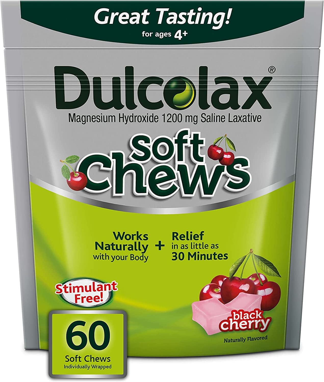 Dulcolax Soft Chews 1200mg Laxative, Black Cherry, 60 ct