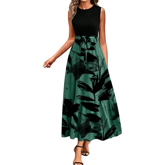 Women's Casual Summer Crewneck A Line Sleeveless Print Flowy Boho Long Maxi Dress with Belt, Dark Green S