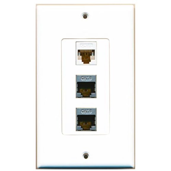 RiteAV - 2 Port Shielded Cat6 Ethernet and 1 Port Cat6 Ethernet White Decorative Wall Plate Decorative