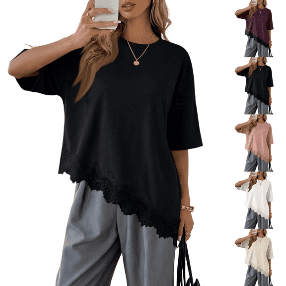 Asymmetrical Tunic Blouse for Women Summer Oversized Lace Trim T Shirts 2026 Casual Half Sleeve Hem Tops Loose Crewneck Black XL