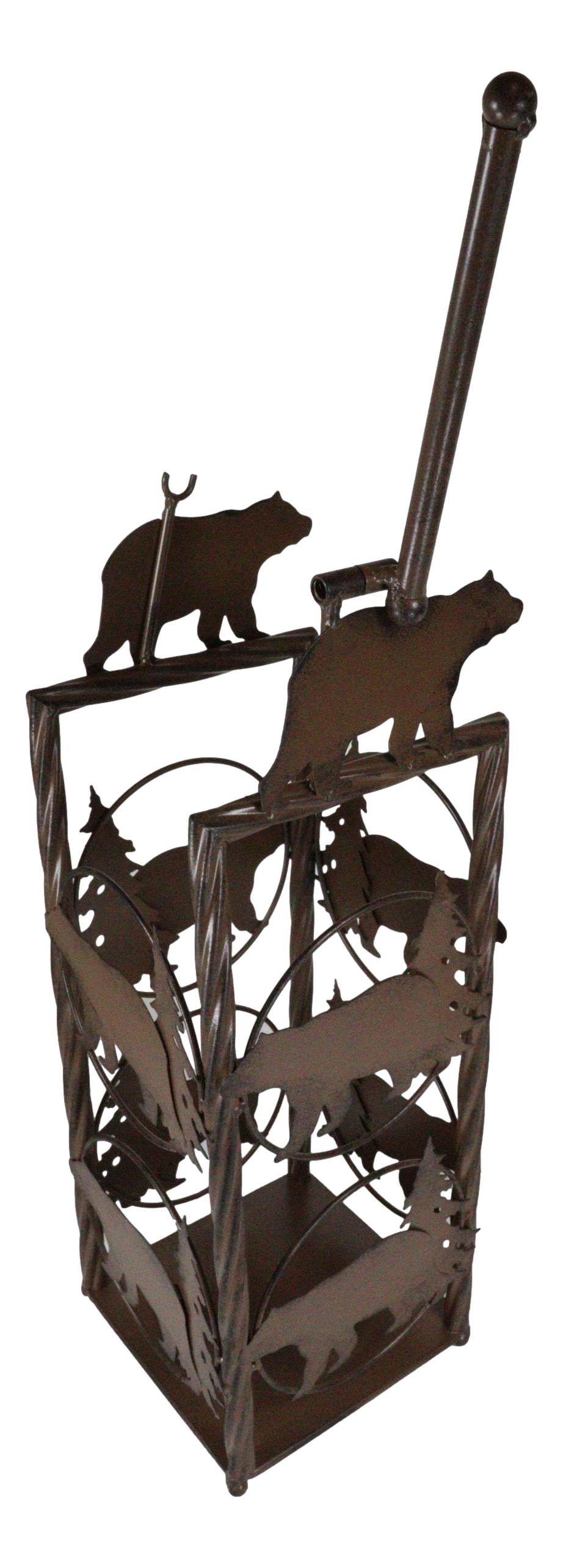 Cast Iron Western Rustic Black Bear Pine Trees Toilet Paper Holder Stand Station