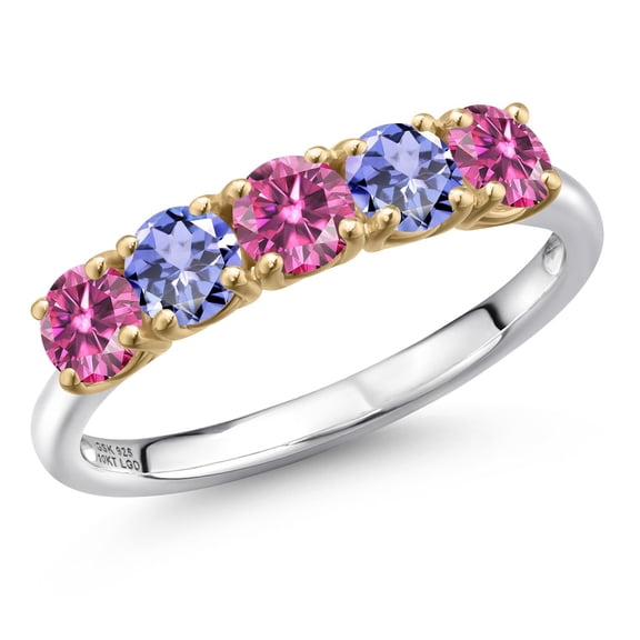 Gem Stone King 925 Silver and 10K Yellow Gold Pink Moissanite and Blue Tanzanite Wedding-Bands Ring for Women | 1.29 Cttw | Round 4MM | Gemstone Birthstone | Size 5