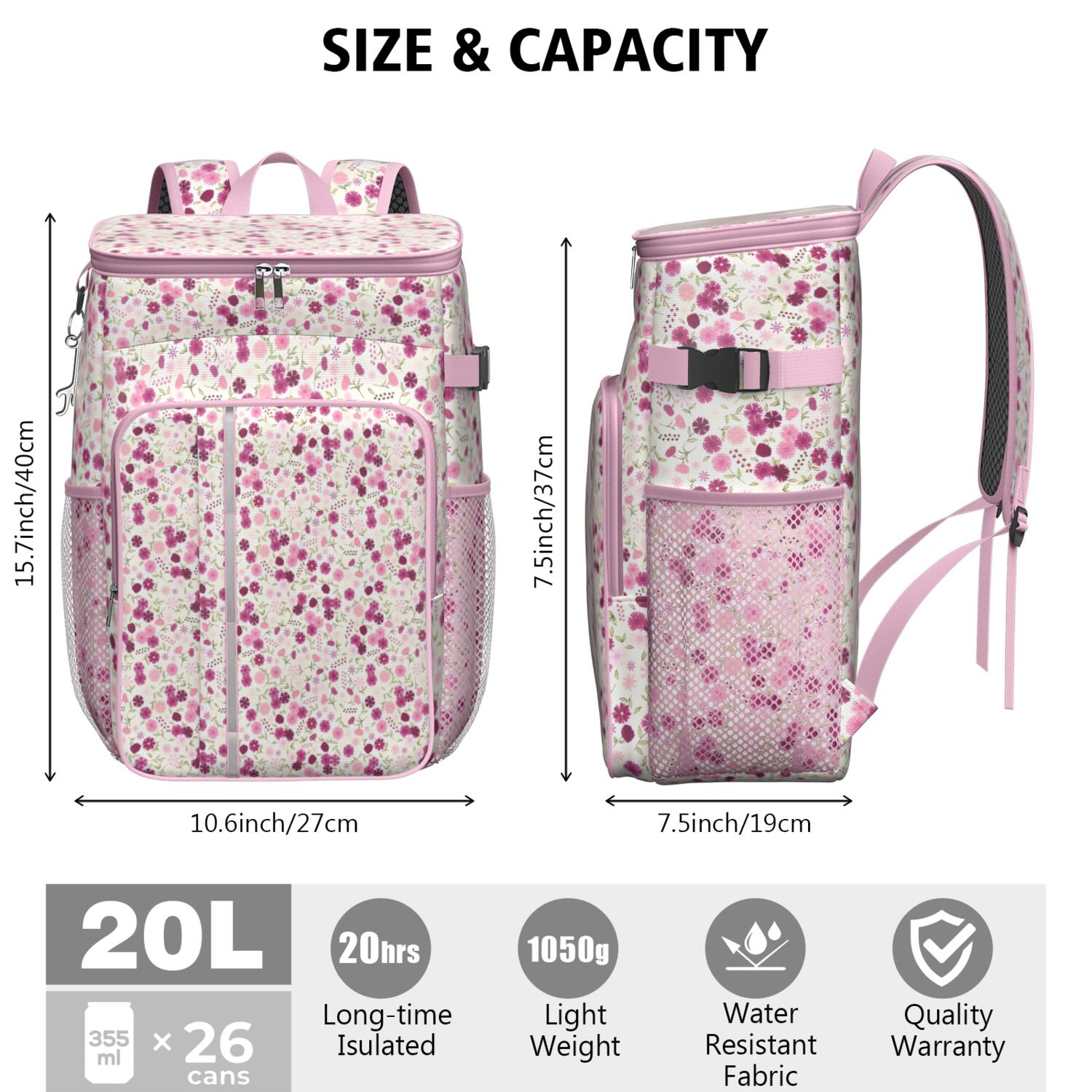 Travel Cooler Bag - Pioneer Flower Floral Print Pattern Camping Beer Cooler Backpack with Bottle Opener- Waterproof Insulated Picnic Backpacks - Cooler Bag for Beach
