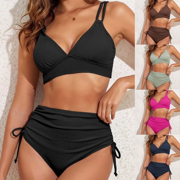 YHAJDS Bathing suit for Women Solid Color Ribbed 2 Piece Bandeau Bikini Set