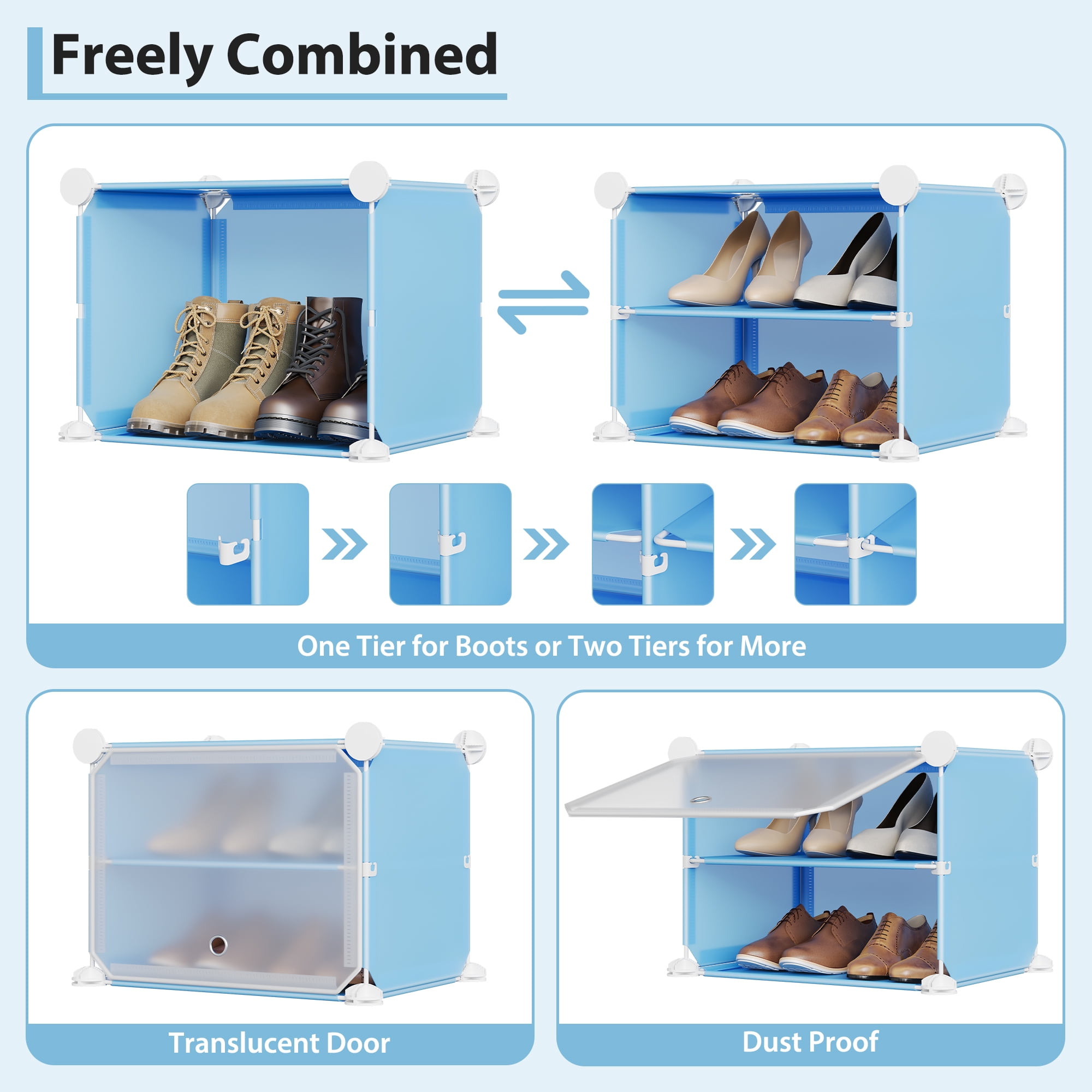 Modular 6-Cube Shoe Storage Cabinet with Doors – 6-Tier Plastic Shoe Organizer – Space-Saving – Easy DIY Assembly – for Entryway, Bedroom, Living Room – Blue
