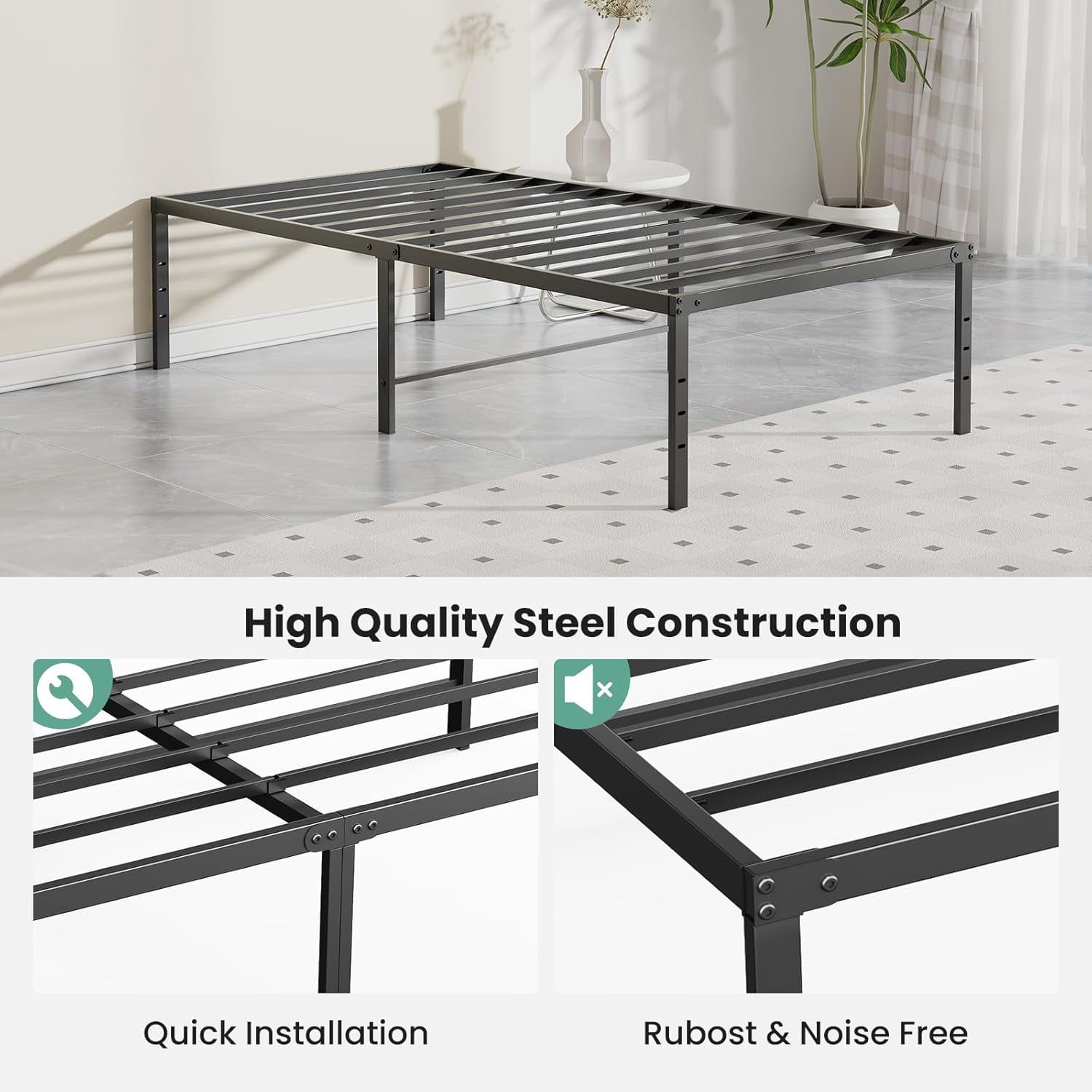 Sweetcrispy 16 inch Twin Heavy-Duty Metal Bed Frame, Platform Frame with Under-Bed Storage, No-Squeak, Easy Assembly, Includes Assembly Kit