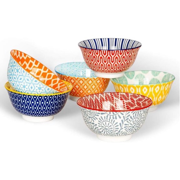 Set of 6 5 Inch 10oz Assorted Colorful Ceramic Bowls, Microwave Dishwasher Safe Serving Bowls for Cereal Ice Cream Soup Salad Rice Dessert