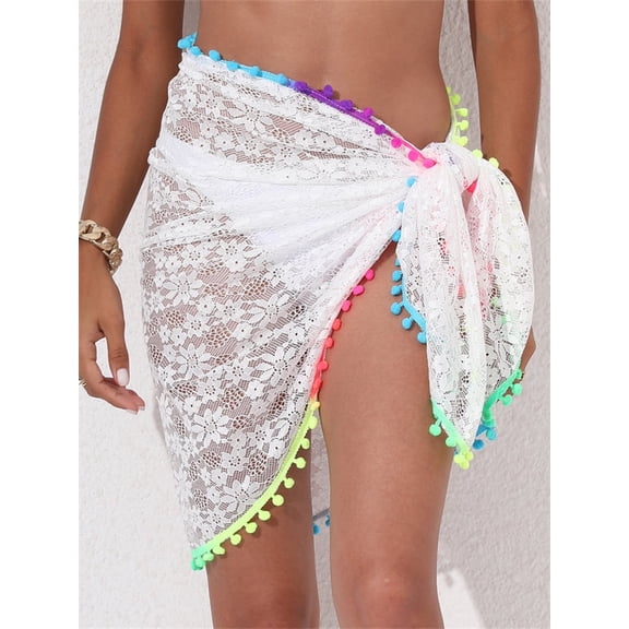 Chrishion Sheer Lace Kimono Wrap Tassel Trim Swimwear Cover-Ups Women's