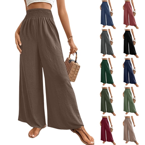 Laqbezok Women's High Waist Smocked Palazzo Pants, Wide Leg Casual Trousers, Loose Flowy Summer Beach Vacation Slacks