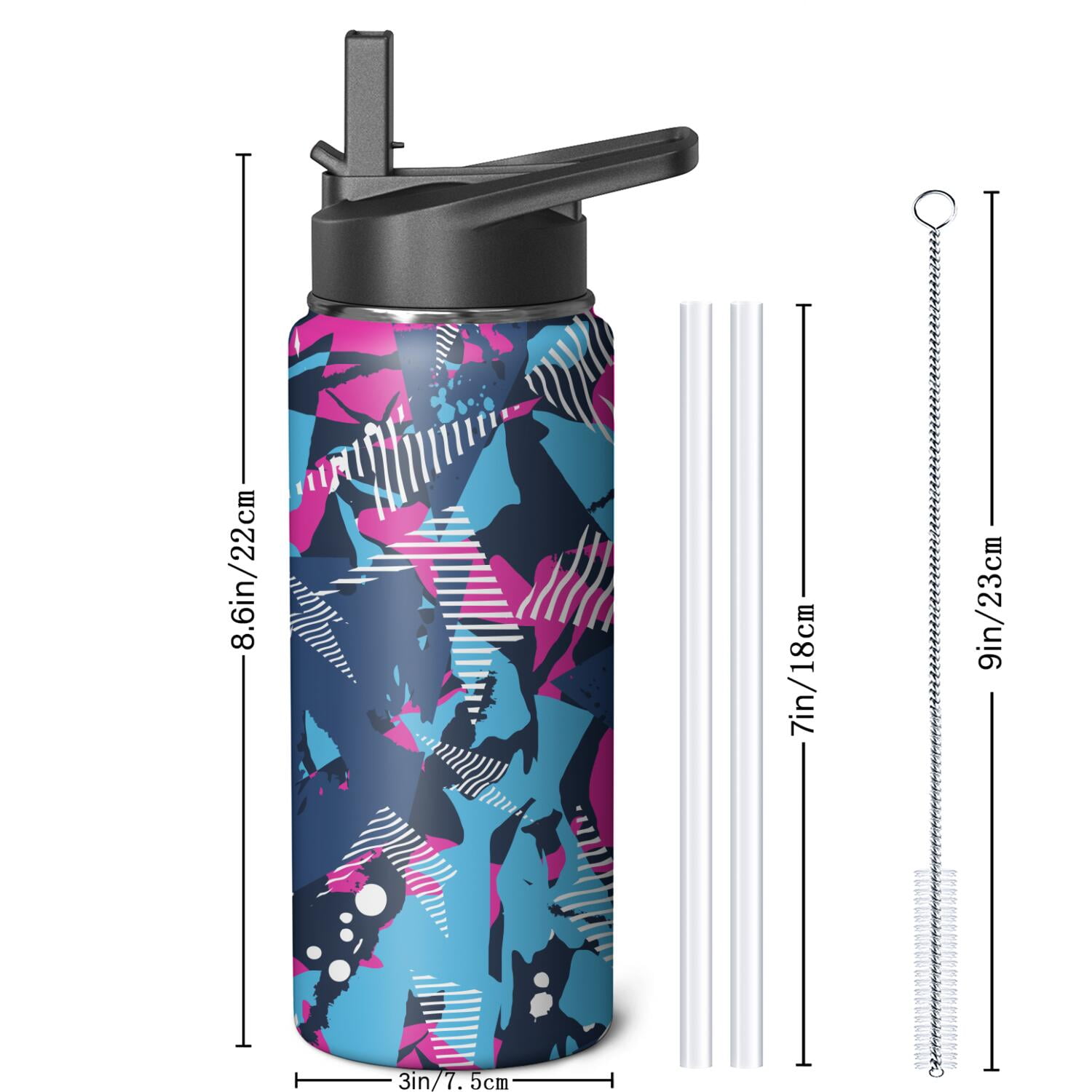 18oz Insulated Water Bottle with Straw & Cleaning Brush, Wide Mouth Stainless Steel Flask, Watercolor Splatter Painting Print