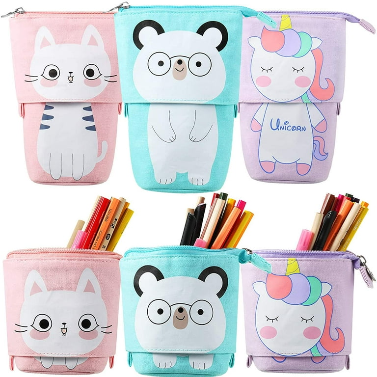 3 Pieces Telescopic Stand Up Pencil Case Box Stand Store Pencil Holder Cute  Cartoon Standing Pen Pouch(Cat, Bear, Unicorn)