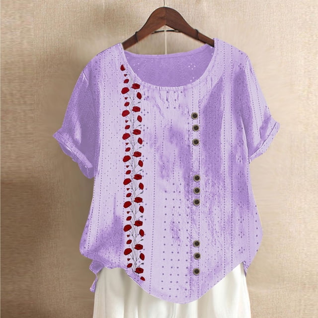 Fiudx Ofertas Relámpago Blusa de Manga Corta Holgada y Cómoda con Estampado a La Moda para Mujer, Tops Informales con Cuello Redondo y Cierre de Corte con Botones
